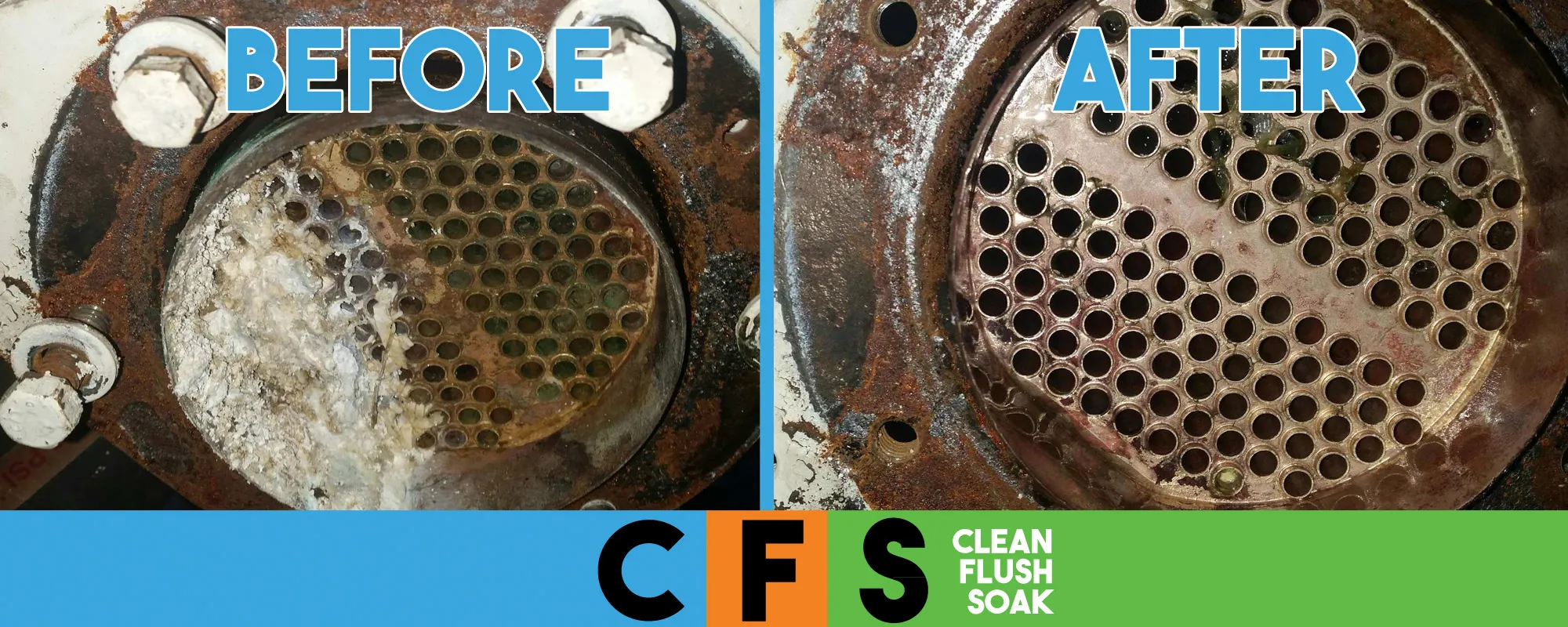 Before and after heat exchanger descaling with CFS Descaler