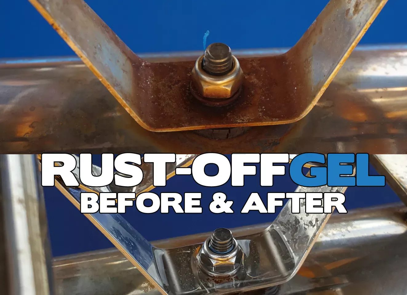 Before and after — rusted steel railing bracket and bolt treated with CFS RustOff Gel